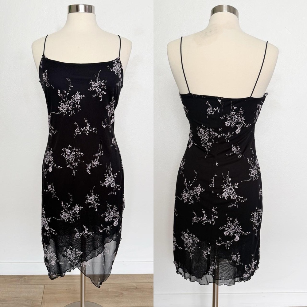 Vintage Byer Too California Black Floral Handkerchief Hem Slip Dress M